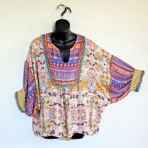 John Mark Hippie Bohemian Patchwork Flowy Peasant Dolman Sleeve Blouse Size M